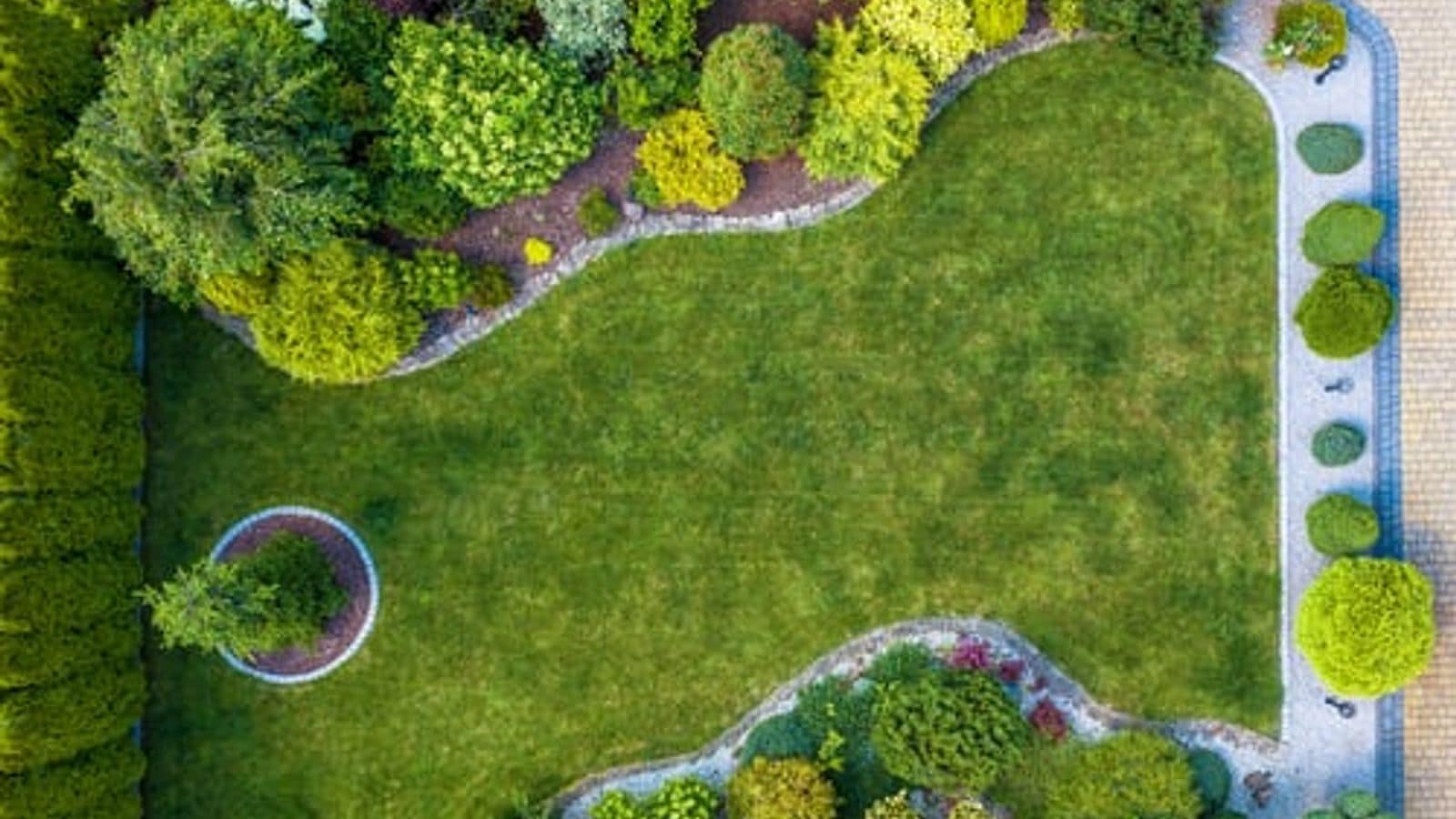 Aerial view of a manicured Hamptons garden with lawn, planted borders and mature shrubs